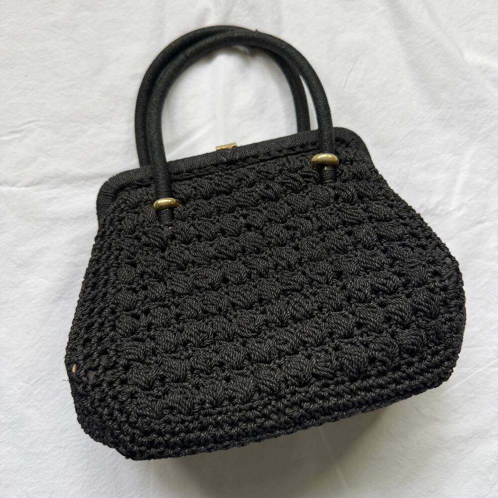Vintage Black Crochet Handbag 1960s 70s Structured Frame Popcorn Stitch Retro